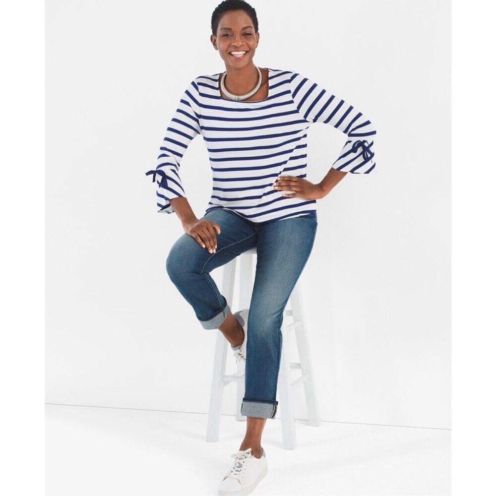 Chicos Womens Blue Striped Flare Sleeve Square‎ Neck Top sz 1P Nautical Preppy - Picture 2 of 6